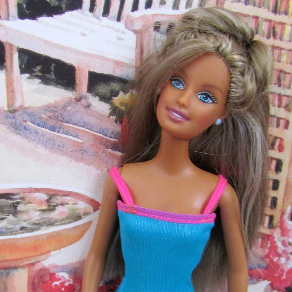 BARBIE + JET SKI + SHARK, 1978 TAN BARBIE w BEAUTIFUL STREAKED HAIR; POOL FUN!